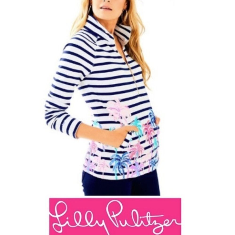 Lilly Pulitzer UPF 50+ Skipper Popover Resort White Desert Palm Stripe Large NWT